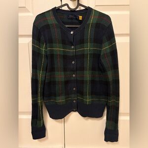 Ralph Lauren Navy and Green Plaid Cardigan (85% cotton and 15% wool)